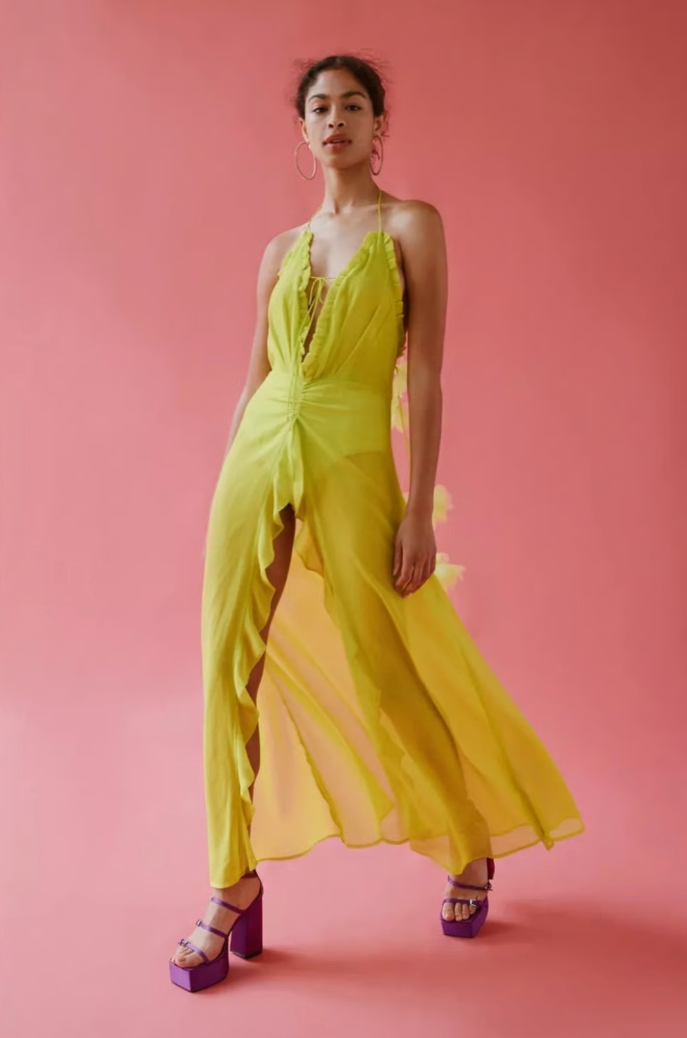 Nwt For Love & Lemons Lina Neon Green Flower Ruffle Slit Maxi Dress Size Large